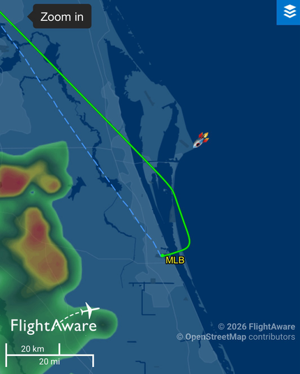 Map of Cape Canaveral with the course of a commercial jet over it, taking off from MLB and heading over the water but then turning inland.