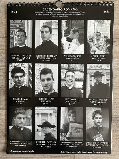 A 2024 black-and-white Roman Catholic calendar featuring monthly portrait photos of different men, presumably clerics, with multilingual month names and a note about global shipping and distribution information.