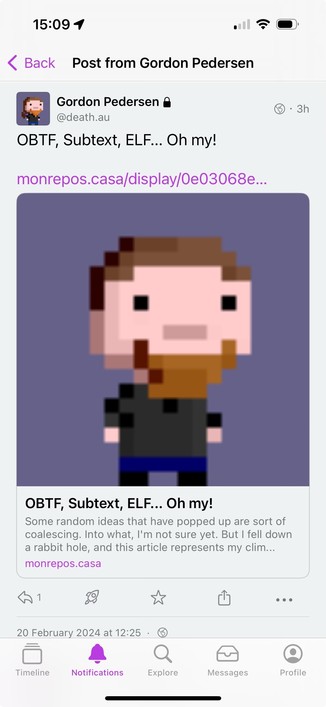 A screenshot of a social network post from a user named Gordon Pedersen displaying a pixelated profile picture, accompanied by a post about "OBTF, Subtext, ELF..." with a link to an external article. The interface includes icons for notifications,