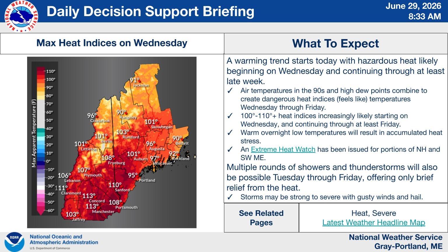 Map of Maine and New Hampshire showing potential for dangerous heat through end of week.