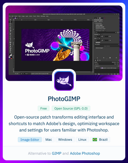A colorful interface showcases PhotoGIMP, designed to mimic Photoshop with familiar tools and shortcuts for users transitioning from Adobe.