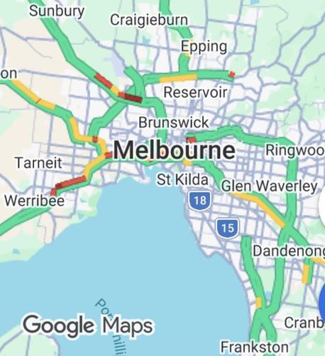 Google Maps image showing traffic congestion around Melbourne mostly in the west