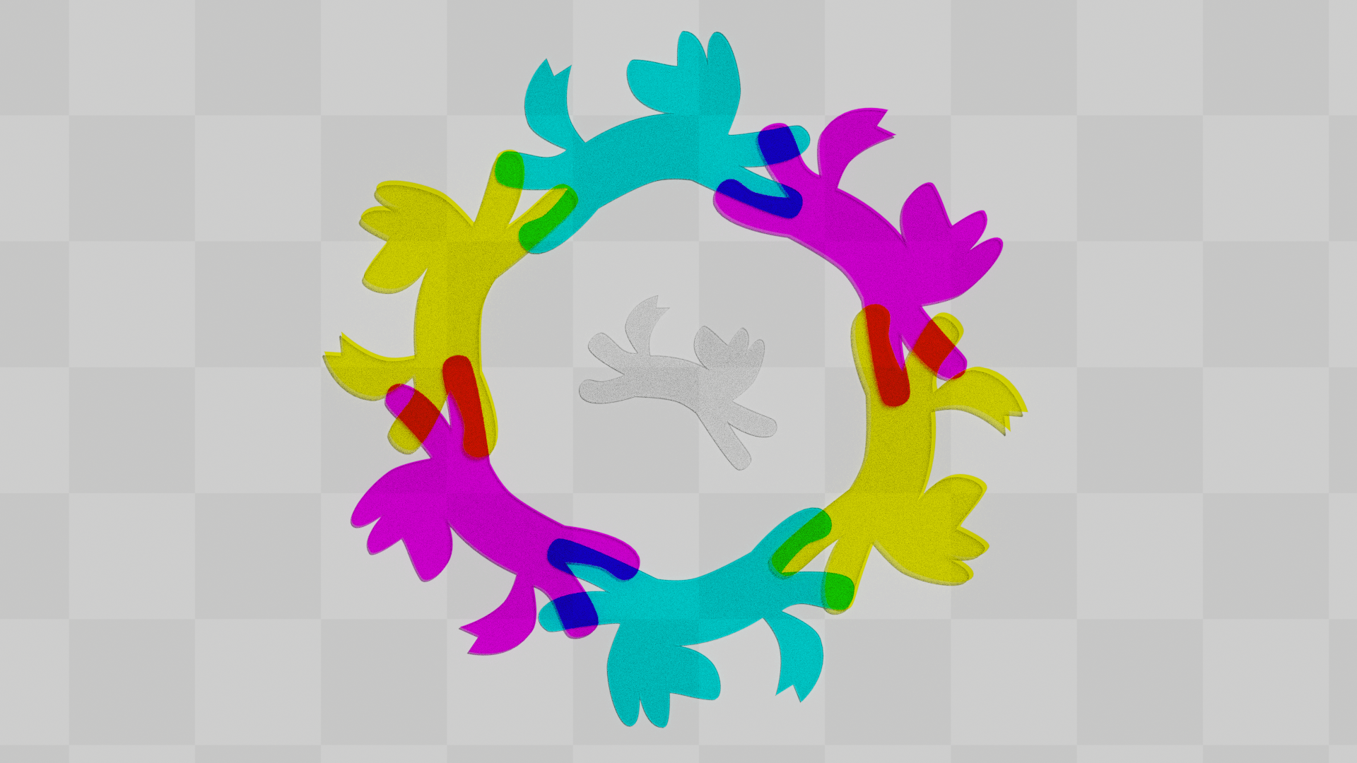 a circle of glass cutouts shaped like dogthings lie in a circle on a pale checkerboard. they overlay and mix colors at their front and back limbs. in the middle of them is a clear-colored, but still distinct, smaller dogthing.