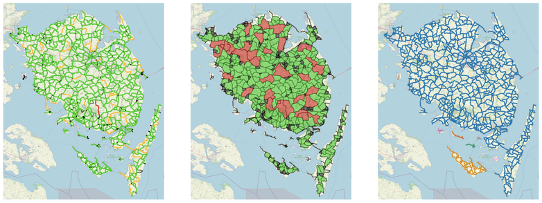 Three maps of a bicycle node network on Funen, highlighting different aspects. 