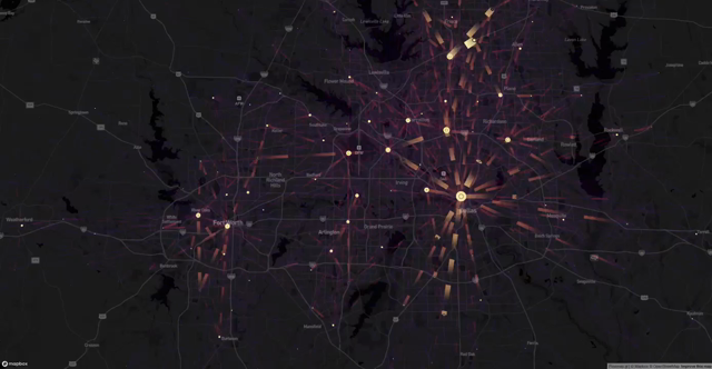 Mobility flows map with automatic clustering in zoom and animation.
