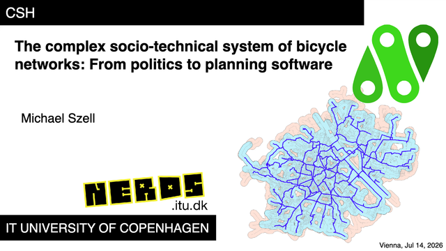 Title slide showing a bicycle network in Vienna and the title: The complex socio-technical system of bicycle networks: From politics to planning software