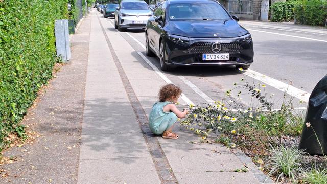 Small child in green dress kneeling to smell flowers in front of row of parked SUVs.
