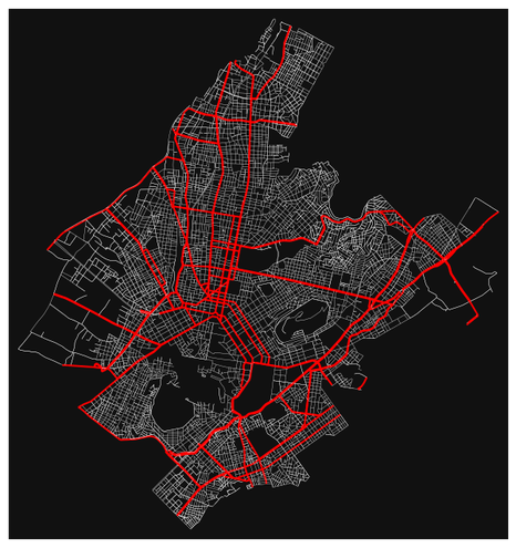 Street network of Athens with its primary and secondary roads highlighted in red