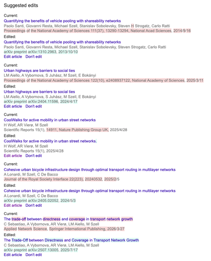 Google scholar edit suggestion to revert several published papers to their preprint versions