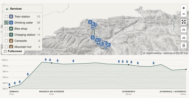 Screenshot of the tool showing a cycle path, its elevation profile, and drinking water options along the way.