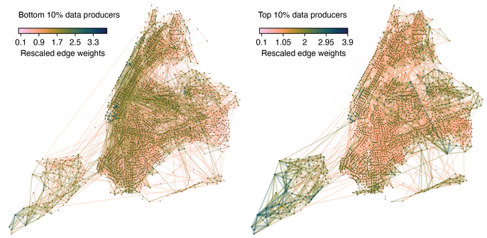 Two maps of New York City showing mobility patterns