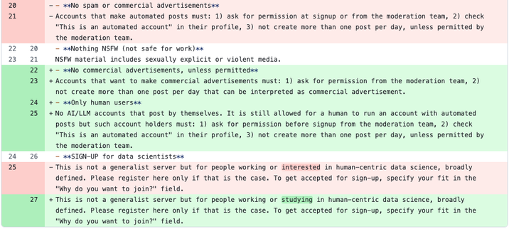 Screenshot of the server rules' git diff, showing green and red lines of deletions/additions.