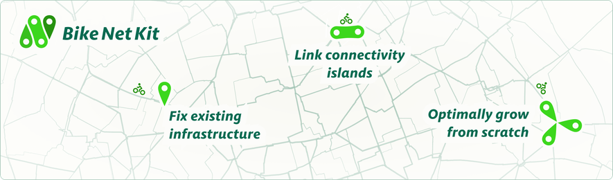 BikeNetKit banner showing a network and 3 approaches to improving bicycle networks