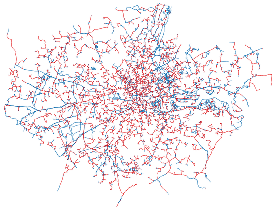 Map of two networks in London, red and blue