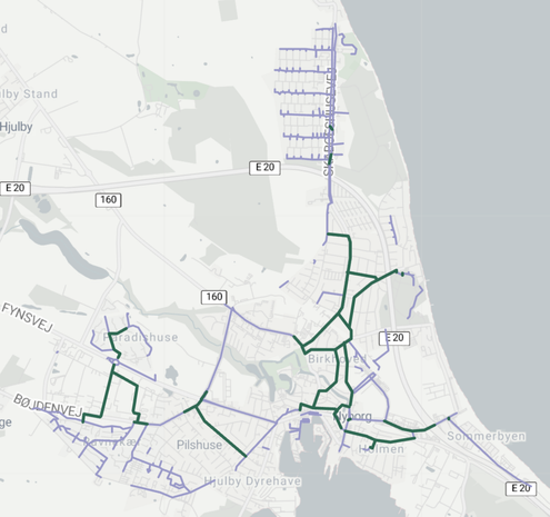 Map showing Nyborg's existing protected bike network in purple and in-between pieces in green built by GrowBikeNet