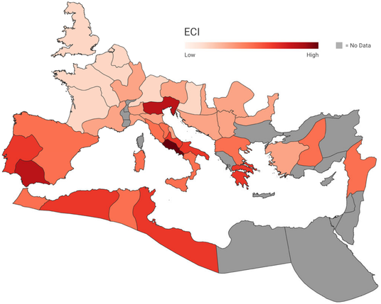 Map of the Roman Empire, showing regions in shade of red: The ECI values per province. Provinces in darker color have higher ECIs.
Gray color represents provinces without an ECI estimate, due to the low density of
surviving datapoints. Figure generated with QGis.