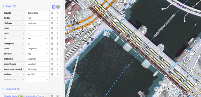 Screenshot of the painted cycle lane on the southern part of the bridge mapped as separated cycleway, but not on the northern part. 