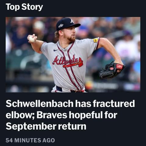picture of a news article that says "Schwelenbach has fractured elbow; Braves hopeful for September return"
