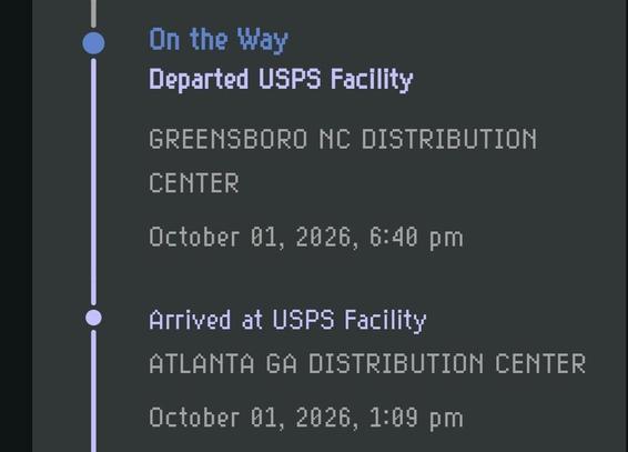 USPS tracking screenshot showing a package arriving in an Atlanta distribution facility and then leaving a facility in Greensboro, NC.  without somehow also leaving the Atlanta facility.