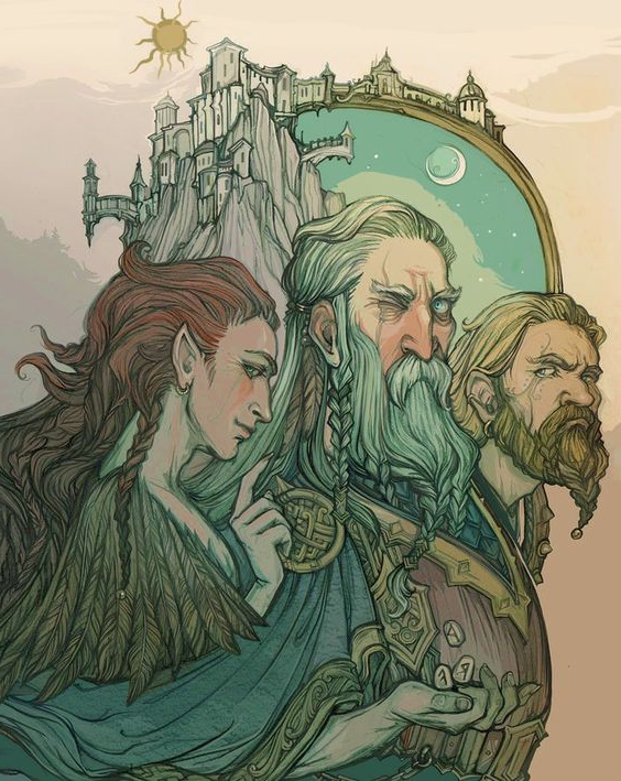 I've lost the artist and I'm on my phone. Loki, Thor, and Odin with Asgard behind: Thor looks at Loki, wary of him; Loki and Odin look at the viewer, Odin directly with his one grim eye, Loki sideways out the corner of his eye, finger raised as if he is explaining something. It's a gorgeous rendition.