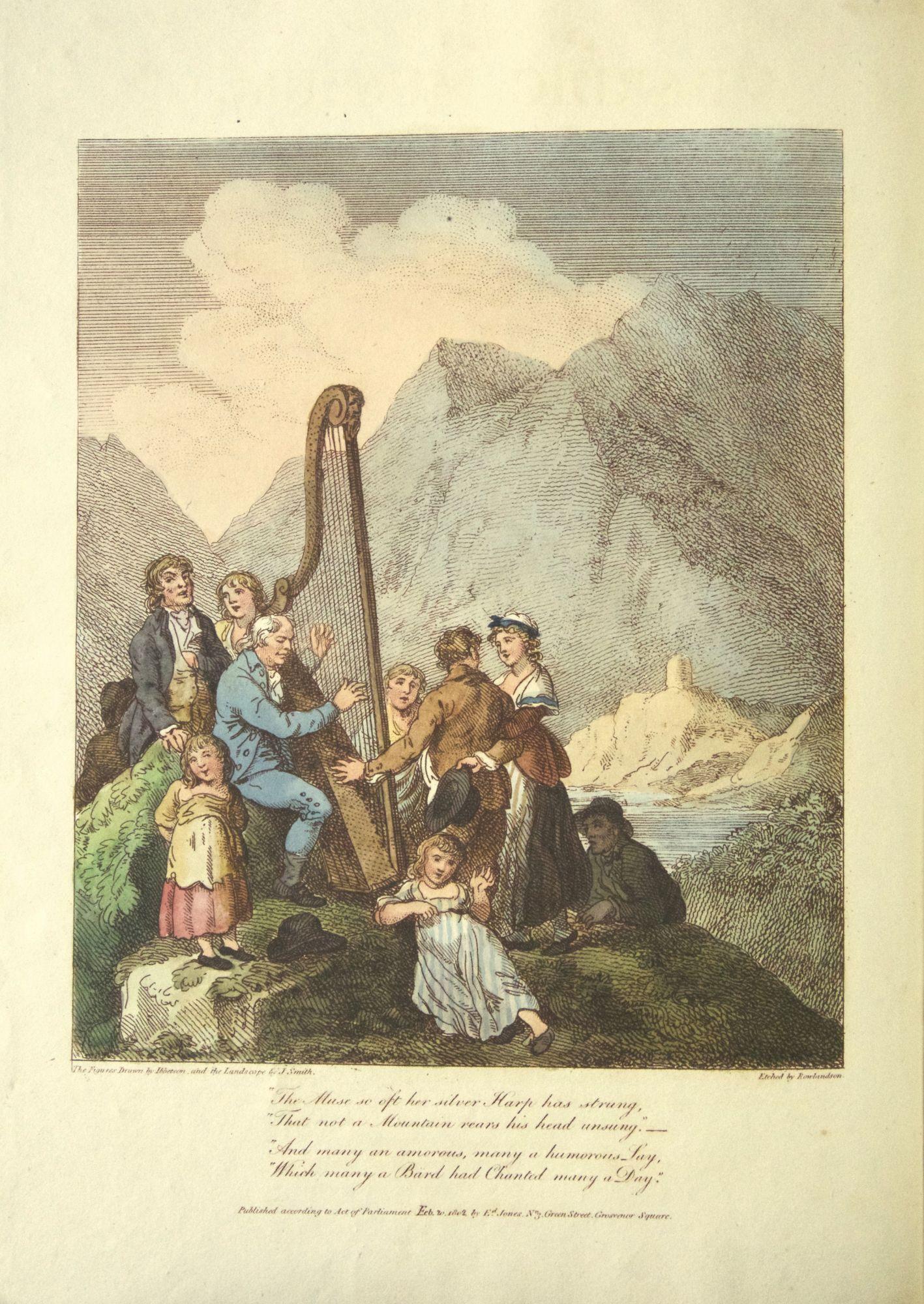A colored drawing by Loutherbourg depicting a line from Edward Jones' collection of Welsh songs, showing a man inspired playing a massive harp on top of a hill surrounded by Welsh men and women of all classes listening and taking in his awen