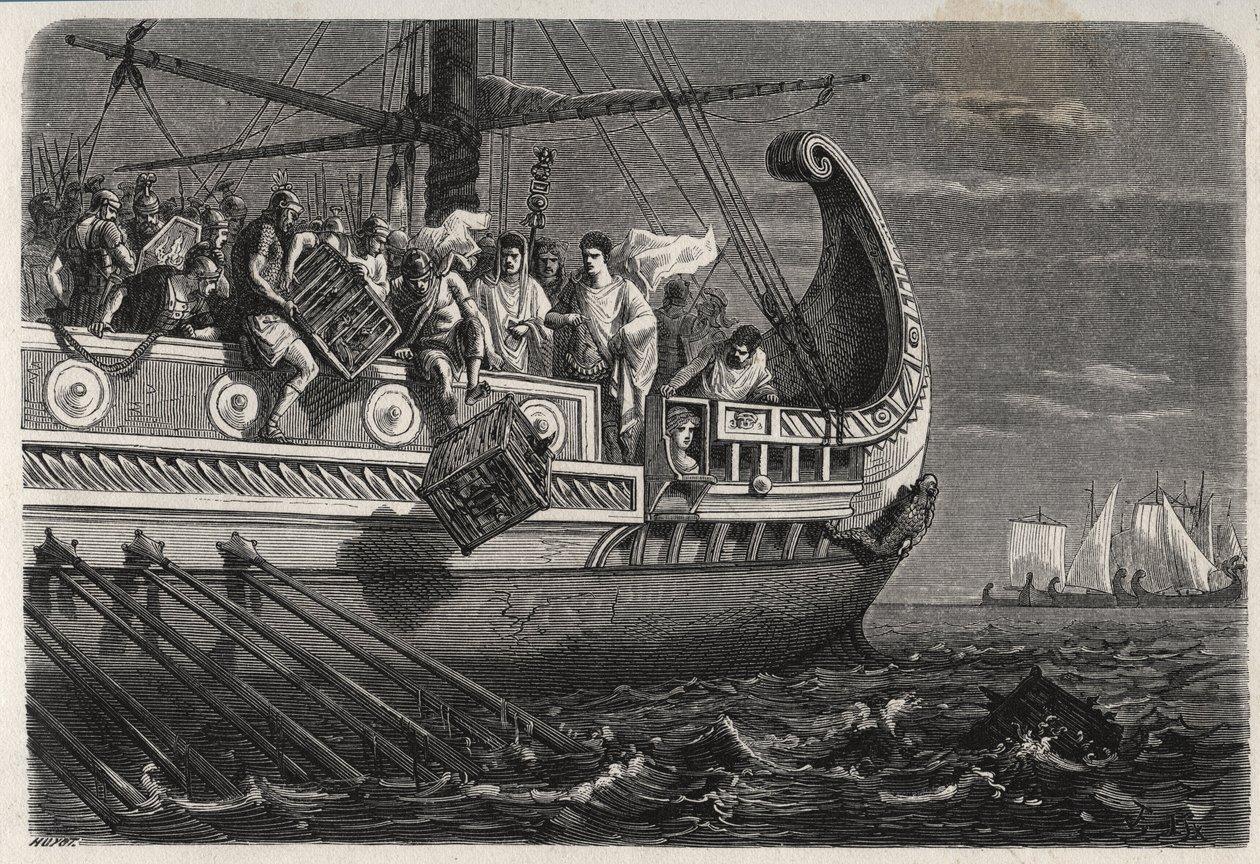 An etching showing Publius' crew throwing the crates of chickens into the sea as the Carthaginians approach in the distance.