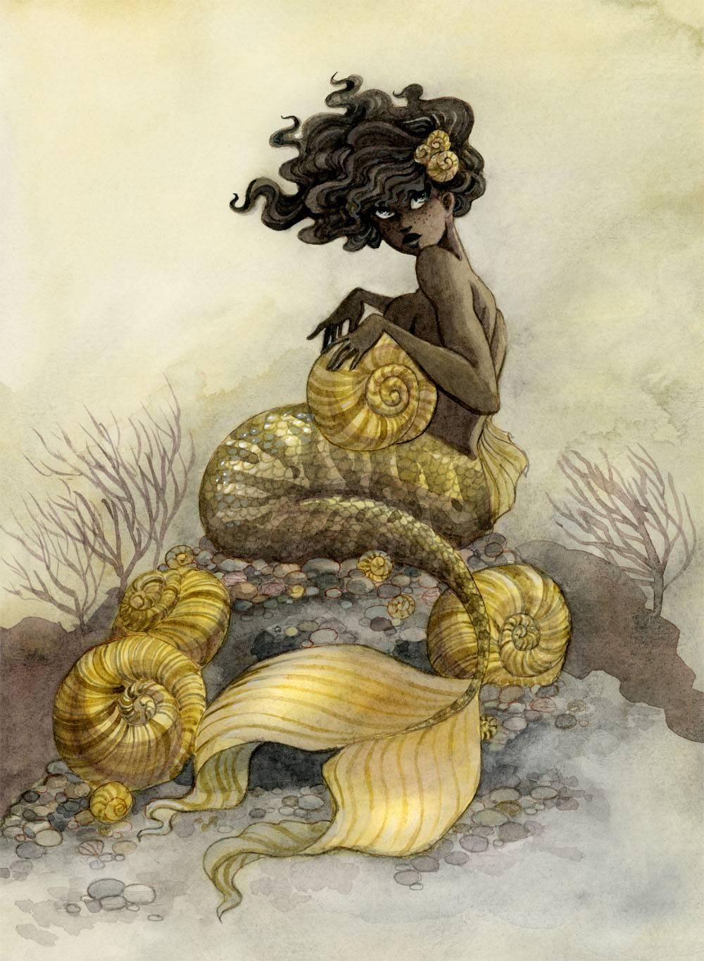reneenault's depiction of a black mermaid, her tail bright yellow-gold, her hair dancing in the water as she holds a conch shell, looking back at the viewer with a mysterious look.