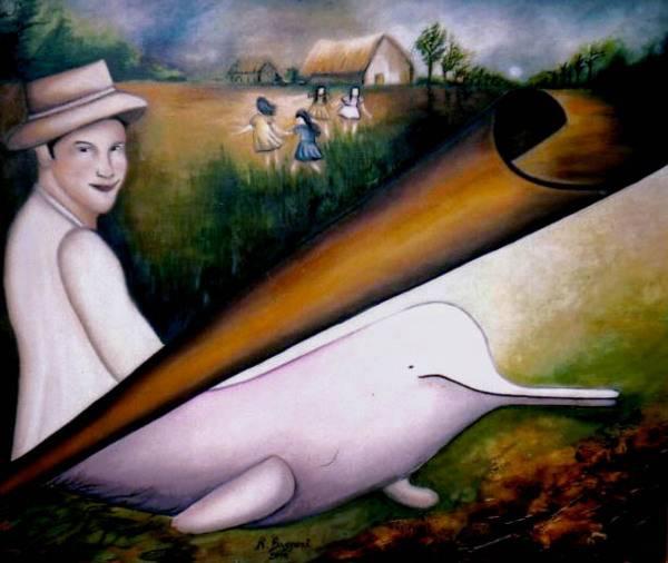 A mural showing a Boto Encantado, on the bottom in his dolphin form, on the top in his human form, a man dressed in all white with painfully pale skin, a wicked smile on his face as he looks at the viewer, with young girls in the distance as he approaches the village.