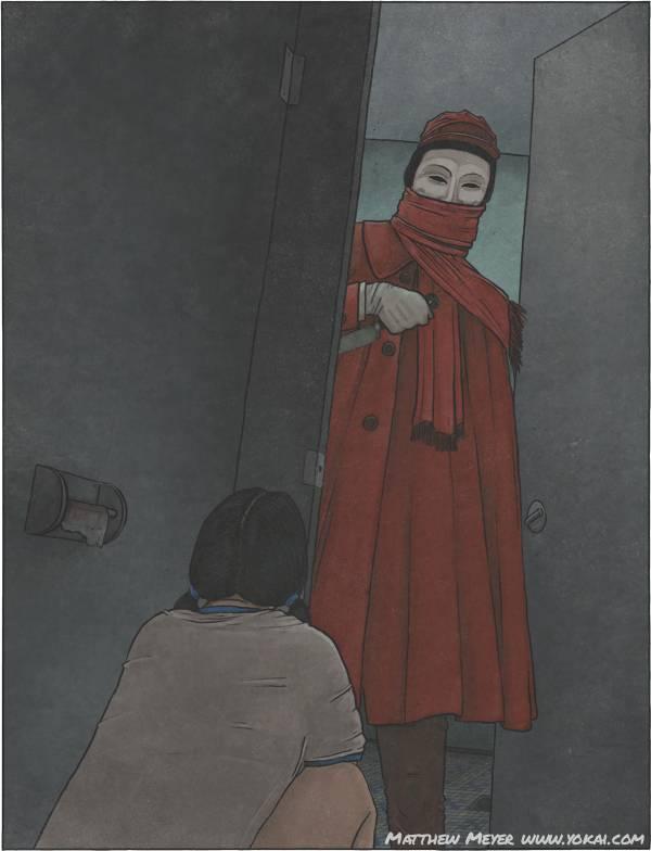 Matthew Meyer's depiction of Aka Manto confronting a teen schoolgirl, squatting in a public toilet (out of frame) with no toilet paper. She has asked for red toilet paper, so Aka Manto, dressed in a red cloak and wearing a white mask with the mouth covered, is entering with a knife.