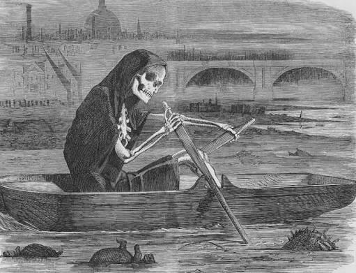 A London newspaper cartoon showing Death riding in the foggy Thames in a rowboat, with dead animals all around him; people stand on the shore and watch.