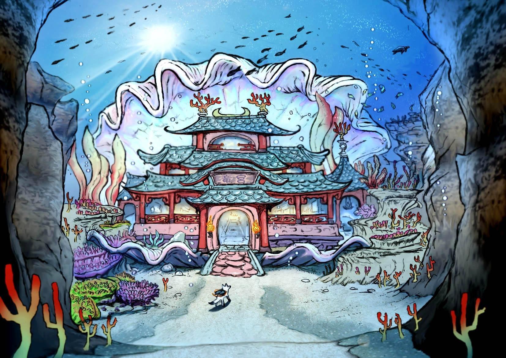 The Dragon Palace from the video game Okami, which recreates and remixes many myths of Japanese folklore. Here a red and turquoise Japanese palace with coral ornaments is found in the mouth of an oyster shell, as if the palace were a pearl. The sun is distant and fish swim like flocks of birds. The wolf Amaterasu stands before the palace.