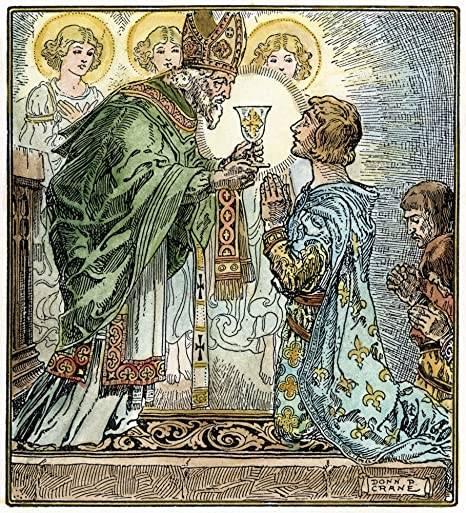 Donn D Crane's The Last Appearance of the Sangreal, showing Galahad receiving the Grail from a saint, who looks extremely Patrick-esque, and three feminine angels behind him, floating. Percival and Bors keep their heads bowed, not quite as worthy as Galahad here.