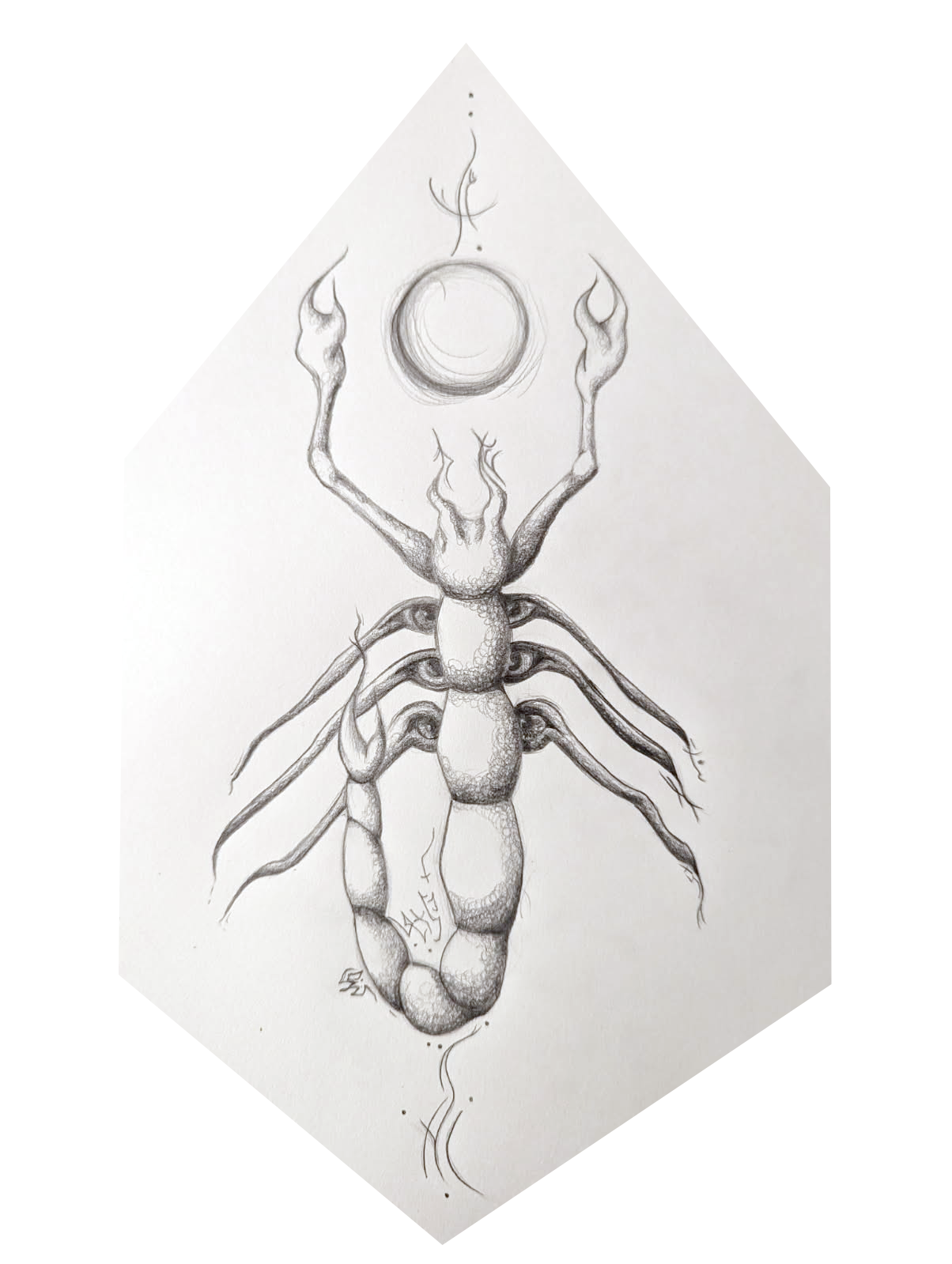A hexagonally croped image of a scorpion with ornamental sigils around it, and eyes at all of its connecting leg joints