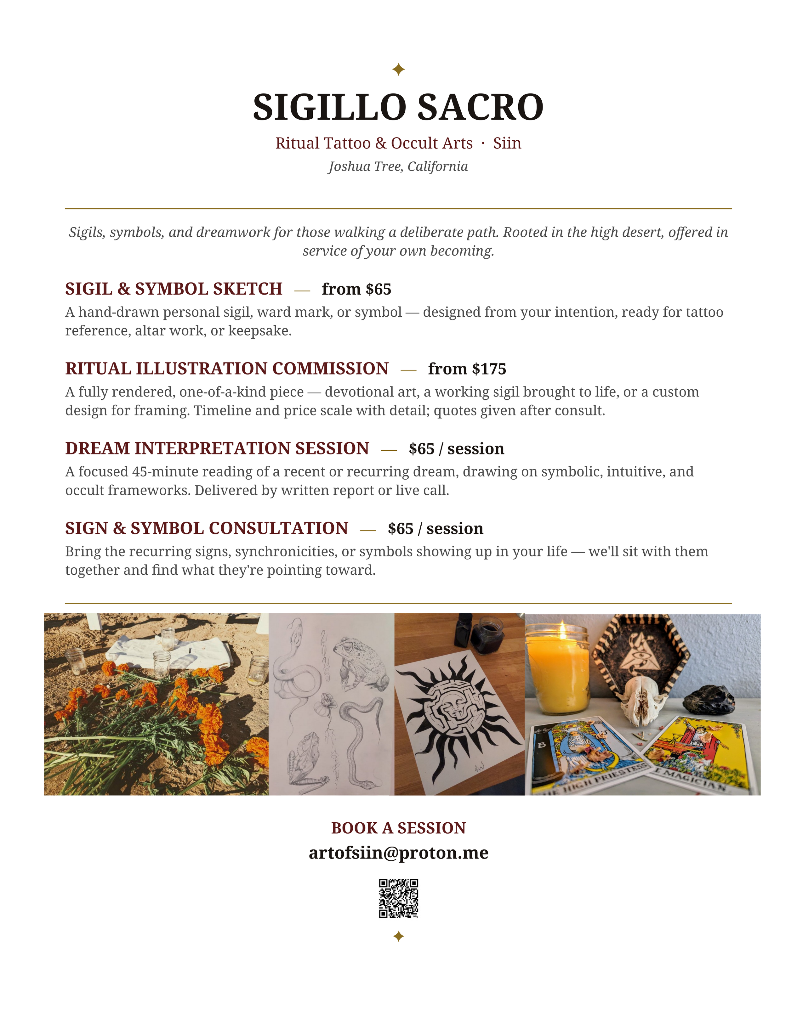 The text for this page is found at sigillosacro.com/services. It is a flyer that shows different offerings and the amount being charged for each, with a bar of images below a dividing line showing ritual flowers, organic semi-realistic graphite drawings, a stylized man-in-the-maze drawing, and tarot cards out on an altar with a raccoon skull in the middle.
