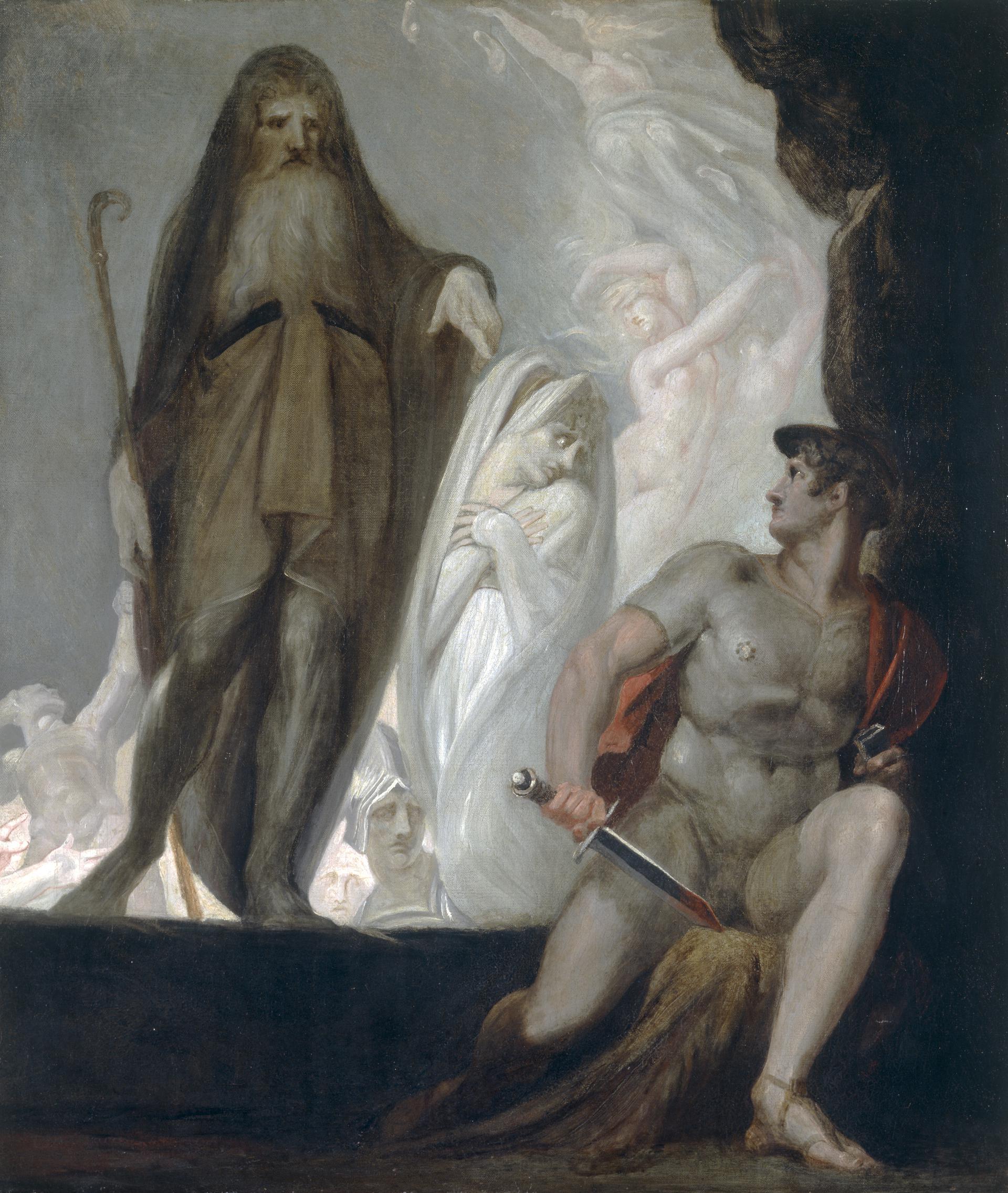 Tiresias coming to Odysseus in the Underworld, with Anticlea behind him, spurned by her son because the prophet is his true objective here. Art famously by Henry Fuseli.