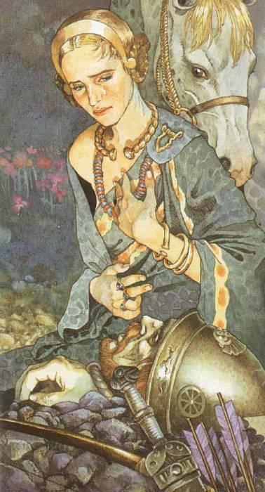 Artist G. Gaudenzi's depiction of Fand mourning CuChulainn's sleeping body, her fairy horse behind her. She is dressed in a blue dress that reveals one shoulder, and is covered in Iron Age Celtic jewelry; CuChulainn is dressed as a warrior, and pale, looking almost dead. The horse looks incredulous.