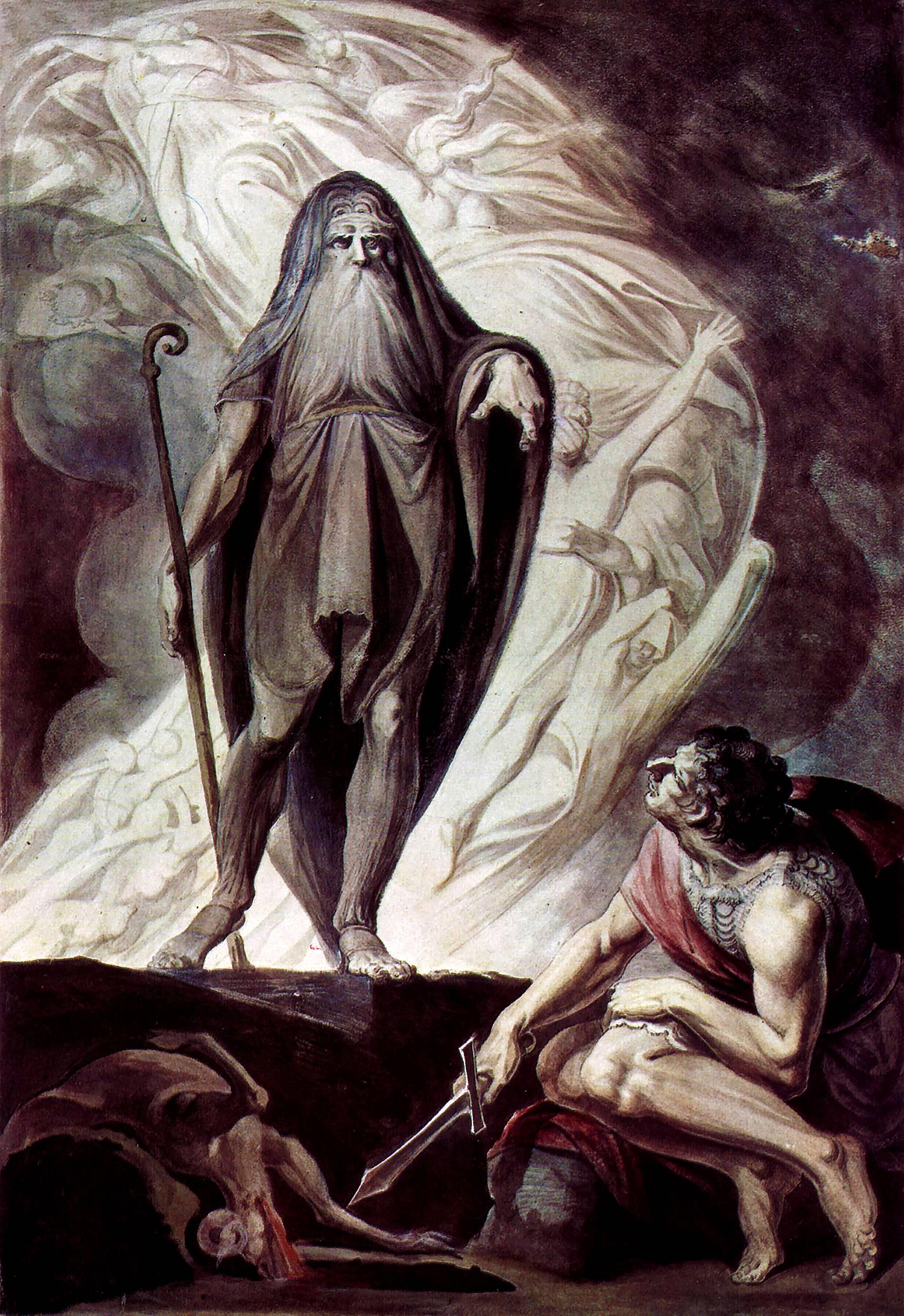 J.H. Füssli's depiction of Tiresias appearing before Odysseus and his sacrifice, surrounded by shades of the Underworld. He stands, here depicted as a man with a long beard holding a staff and pointing, ineffectively, at Odysseus.