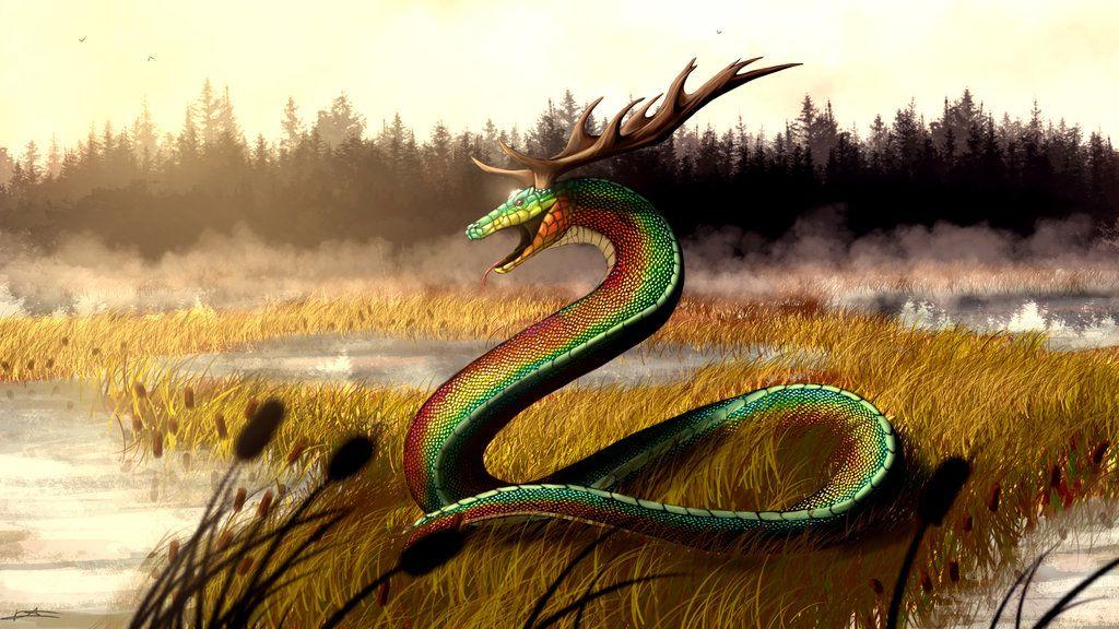 Dracarian's interpretation of the Creek Horned Serpent, a massive snake in a wetland with elk horns and a shining jewel; it is primarily red, yellow, and green as it stands among the reeds and hisses, but has no fangs.
