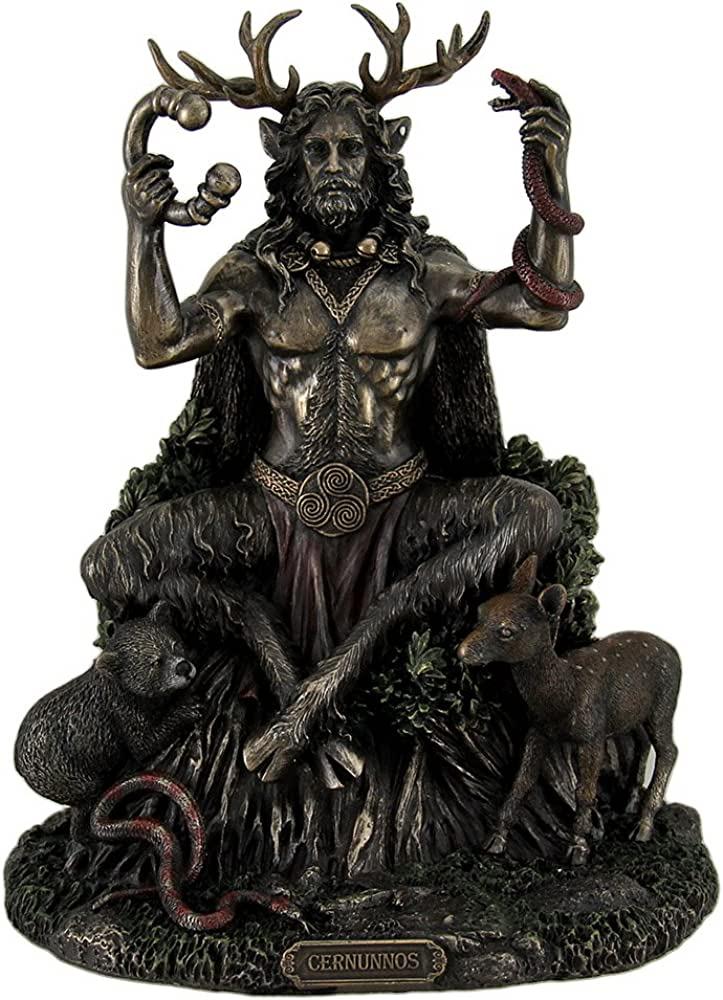 The Veronese Design Studio's depiction of Cernunnos as a modern statue. He has stag legs below the waist, is a muscular human above, with stag horns on his head. He raises a torc in his right hand and hissing serpent in his left, with another serpent, a bear, and a fawn at his feet as he sits on a stump.