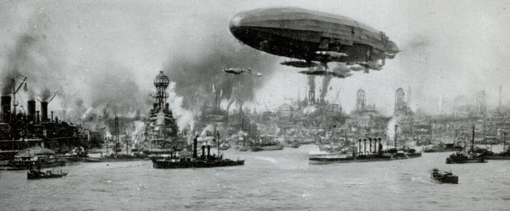 A large airship flies over an industrial city with smokestacks and naval ships.