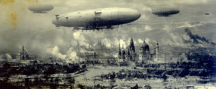 A monochromatic aerial view of a city with zeppelins in the sky and a large domed cathedral in the centre.