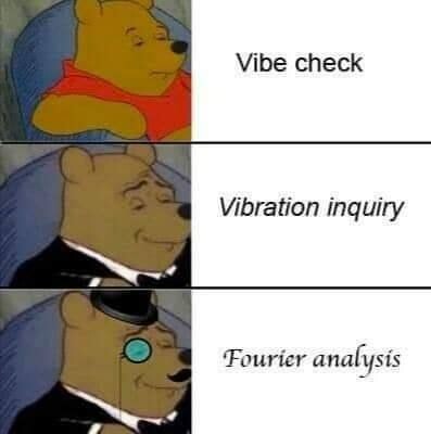 A tabular image macro using the Tuxedo Winnie-the-Pooh template with three rows. Each row is increasingly fancy. The first row is labeled "vibe check". The second row is labeled "vibration inquiry" in italic font face. The third row is labeled "Fourier analysis" in maths bold font face.