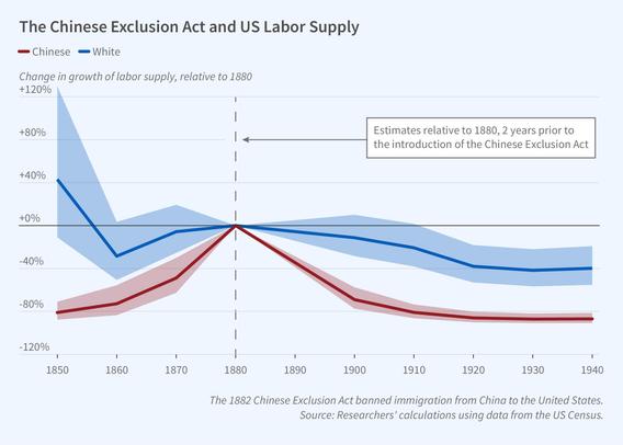 Chart showing two time series.  On the horizontal axis, years centred around 1880, when the US government passed the Chinese Exclusion Act; on the vertical axis, the % change in labour supply relative to 1880, for (1) Chinese, and (2) White employees.  The Chinese series peaks and declines sharply around 1880; the White series peaks more gently, but still declines after 1880.