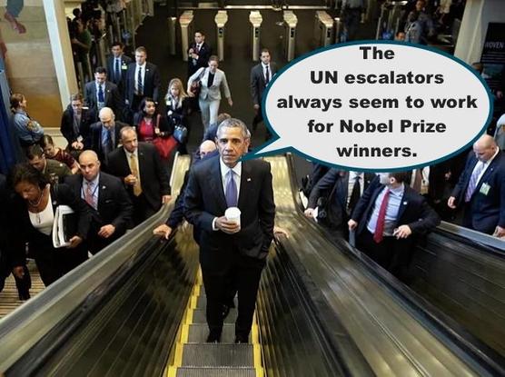 President Barack Obama on a UN escalator in 2015 with a caption related to Trump's escalator incident.