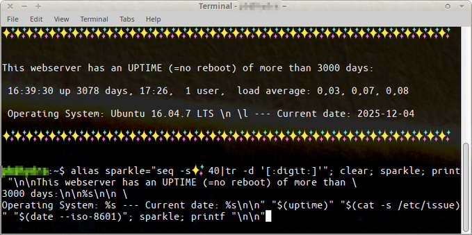 Screenshot (Today, december 4th, 2025) of uptime of my webserver running ubuntu 16.04: 3078 days without reboot.