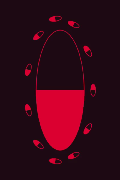 Loop animation of 11 elliptical objects  moving around around a twelfth, larger one. Each ellipse is divided by the semi-minor axis, one half is filled red, the other half is only bordered red.