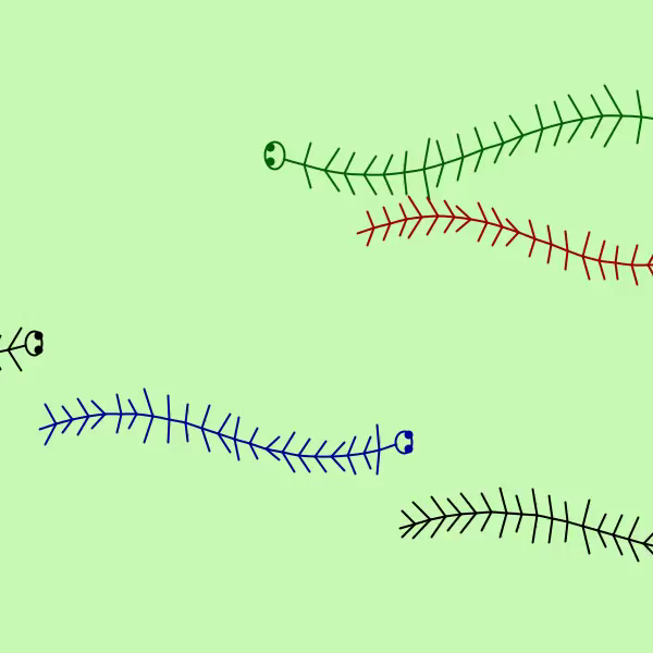 Loop animation of five objects vaguely resembling black, blue, or red centipedes moving from left to right, except for the green one which is moving from right to left.