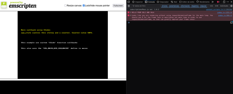 This is a very simple main function using the callback structure for SDL3.  Just a black screen printing some messages and keeping a counter for a context app state.

The cool thing is that I made this from Vala, which is nice! It has some caveats but its pretty cool that it can be done. There is a "HELLO FROM SDL3 AND VALA" message form the browser console on the right.