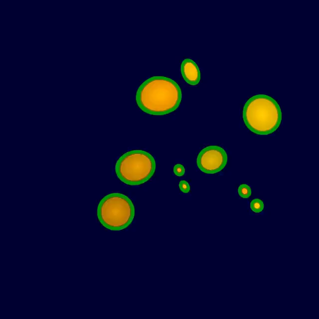 Loop animation of ten coloured buubles dancing around. The bubbles are of orange colour and have a green border. They shrink when they approach each other so they do not collide.