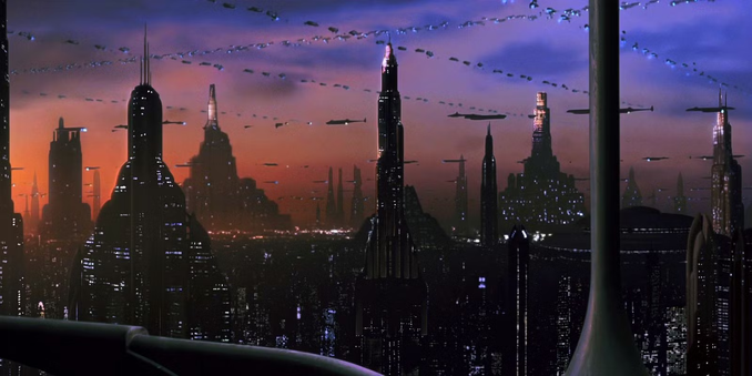Twilight over Coruscant, traffic runs in multiple lanes for reasons that are never explained